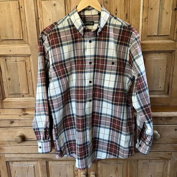Men's Orvis‎ Large Cream Brown Button Front Shirt Long Sleeve Signature Twill - Picture 1 of 11